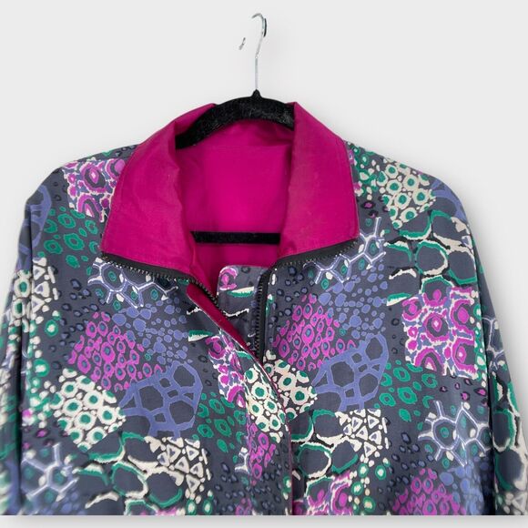 Vintage 80s Silk Reversible Jacket Funky Geometric Solid Fuschia Pink Oversized - Picture 3 of 10
